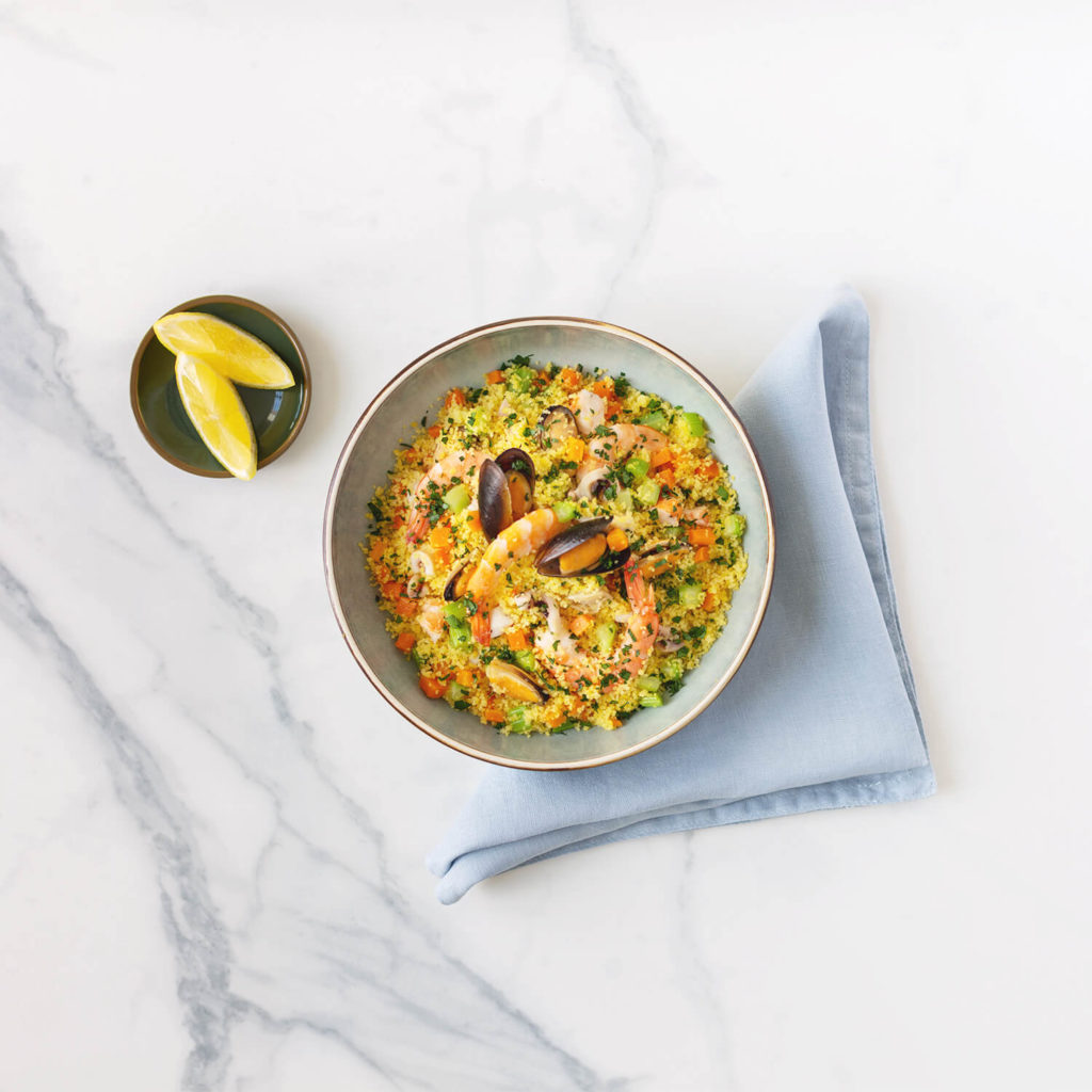 cous cous di mais ai frutti di mare topview