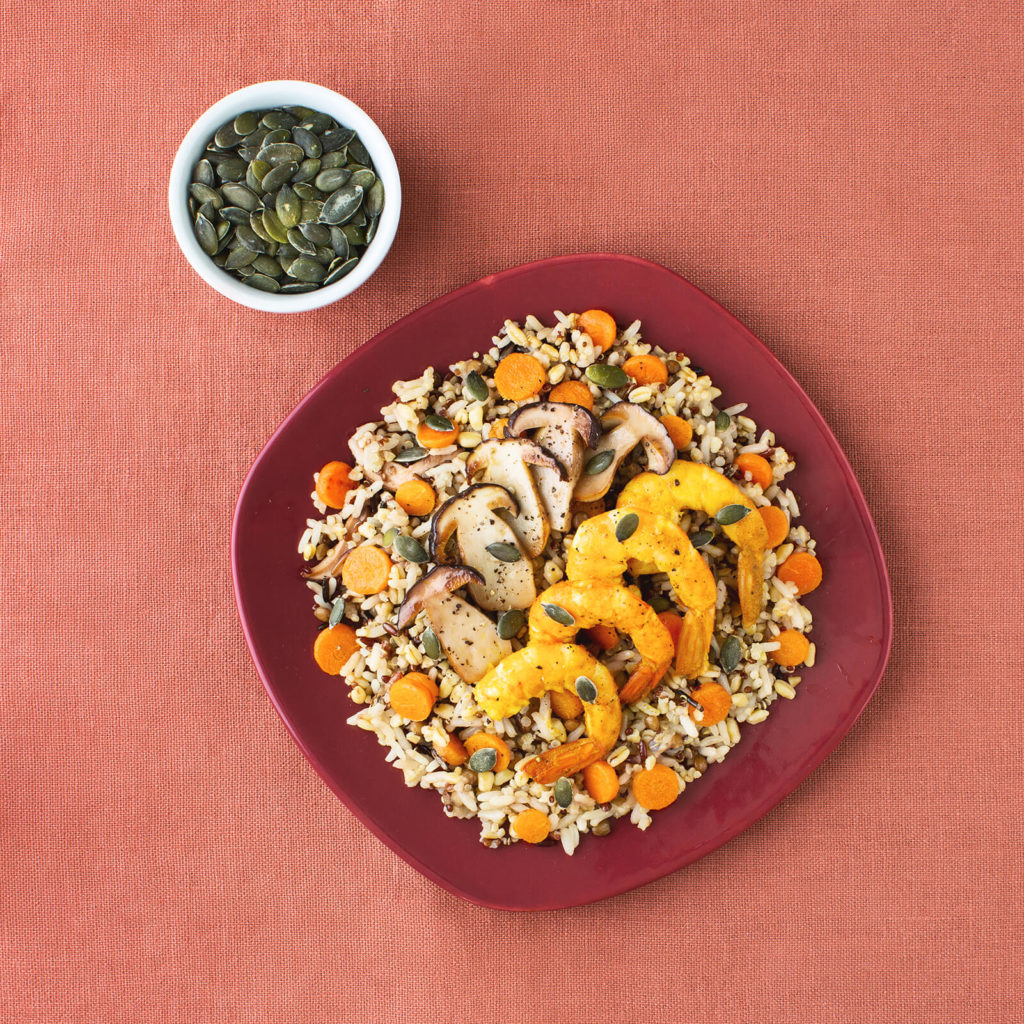 ricetta cereali porcini mazzancolle curry 1